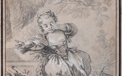 ATTRIBUTED TO FRANCOIS BOUCHER, FRENCH 1703-1770, LES OEUFS CASSES, CIRCA 1769, Black crayon heightened with white on grey paper, Sheet: 12 3/8 x 9 1/8 in. (31.4 x 23.2 cm.), Frame: 21 x 17 1/2 in. (53.3 x 44.5 cm.)