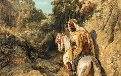 Adolph Schreyer (French/German, 1828-1899) Arab Horseman Ascending a Rocky Hillside Path