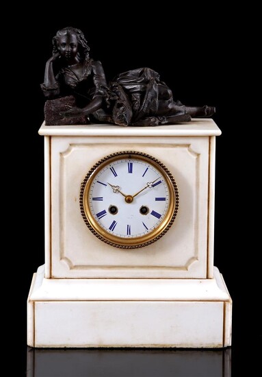 (-), Alabaster mantel clock with enamel dial and...