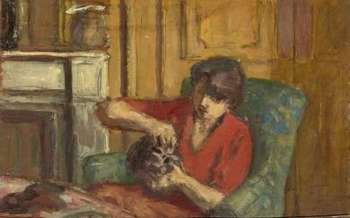 Albert ANDRE 1869 - 1954 Scène d'intérieur, jeune fille au chat