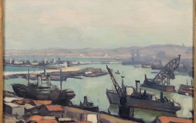 Albert MARQUET (1875-1947). Le port avec cargos, Alger. Huile sur panneau signée en bas à...