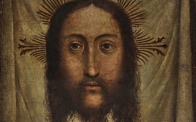 Allemand16e/17e s. Le visage du Christ (Icône Vera). Huile sur bois. 27,2 x 33,7 cm....