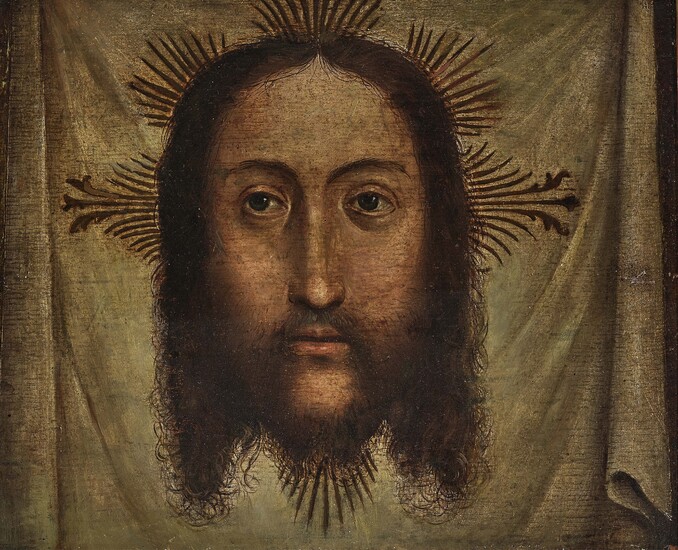 Allemand16e/17e s. Le visage du Christ (Icône Vera). Huile sur bois. 27,2 x 33,7 cm....