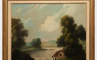 American School: River Landscape with Figures Beside a