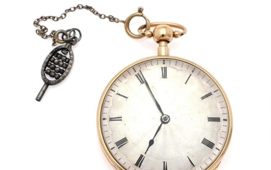 An 18k gold open-face pocket watch with hour, quarter repetition and stop button. 19th century's beginning. Weight 94 g. Diam. 52 mm.