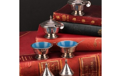 An Art Deco silver six piece cruet set, comprising pairs of ...