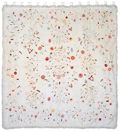 An Early 19th Century Bed Cover, embroidered with a central...