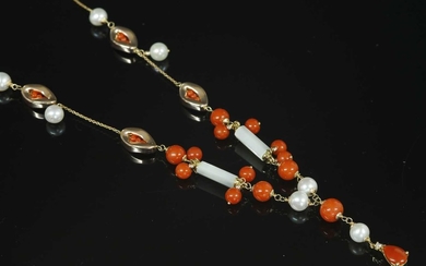 An Italian rose gold coral, diamond, cultured freshwater pearl and mother-of-pearl 'Y' necklace