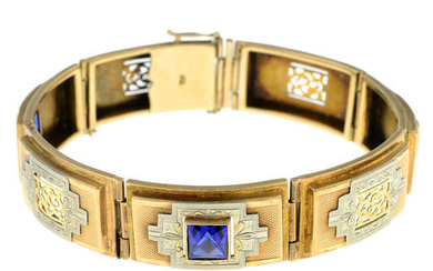 An early 20th century 9ct gold synthetic sapphire bi-colour bracelet.