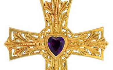 An early 20th century French gold and amethyst, pectoral cross pendant by Mellerio, the Latin cross with central collet-set heart-shaped amethyst, the arms of pieced foliate design, the reverse with central hinged locket compartment engraved 'St...