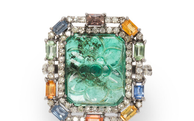 An emerald, colored sapphire and diamond ring