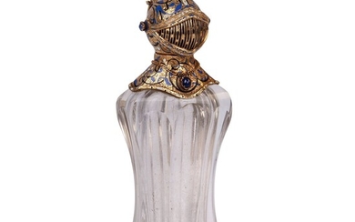 An unusual French gold, an enamel and sapphire flask in the shape of a knight’s...