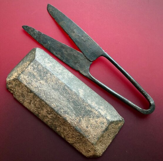 Ancient Roman Bronze and StoneExceptionally Well Preserved Scissors and Sharpener (Whetstone/Grindstone). Rare!
