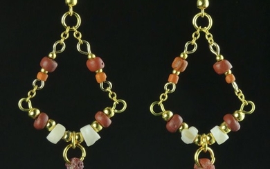 Ancient Roman Glass Earrings with red glass and shell beads