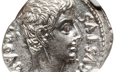 Ancients: , Augustus (27 BC-AD 14). AR denarius (19mm, 3.86 gm, 6h). NGC Choice AU 4/5 - 4/5....