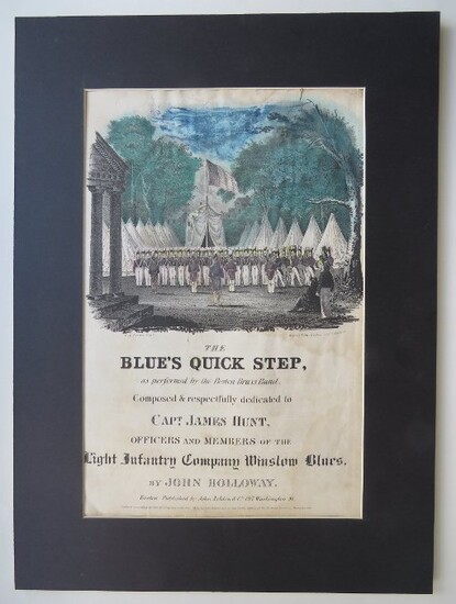 Antique 1836 Hand Colored Lithograph, Blues Quick Step, Military Sheet Music