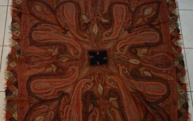 Antique 19th C. Black and Red Woven Paisley Wool Shawl Throw Kashmir
