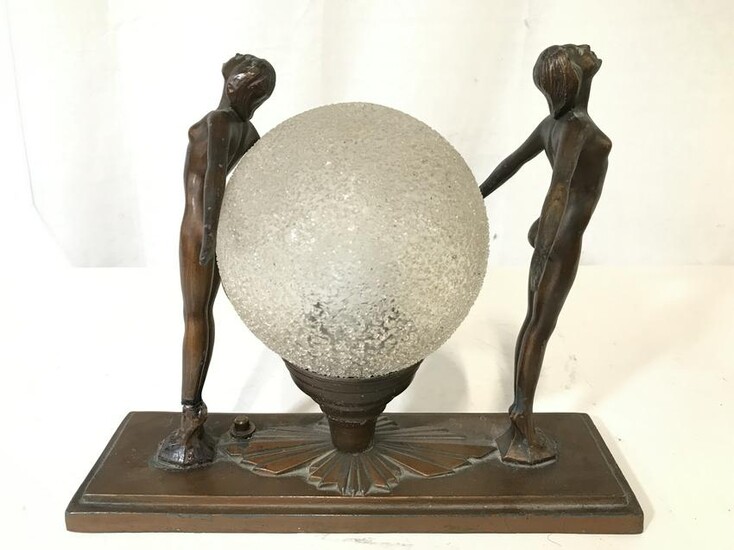 Antique Art Deco Bronze Lamp W Female Nude Figures