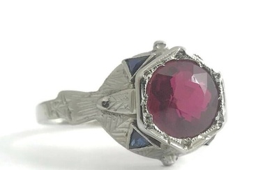 Antique Art Deco Lab-Created Ruby Blue Sapphire Ring 18K White Gold, 2.96 Grams