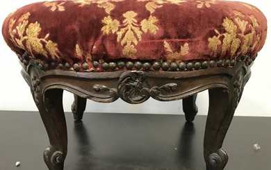 Antique Carved Wooden Upholstered Footstool