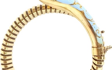 Antique Egyptian Revival Flexible Fine Diamond 0.75CT Ruby Eyed Yellow Gold Enamel Snake Bracelet