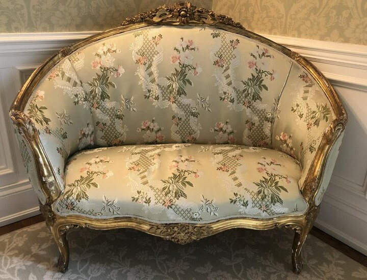 Antique French Louis XIV Carved Upholstered Settee