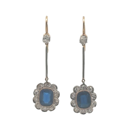 Antique drop 18k gold Earrings with Sapphires and Diamonds