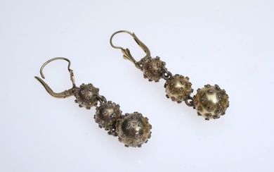 Antique pair of drop earrings, three spheres set on top of each other, decorated with small spheres