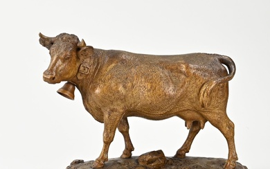 Antique walnut carved cow with cowbell. Signed by Fritz Buri. Circa 1920. German School. Dimensions:...