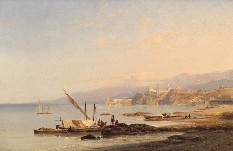 Antoine Guindrand: View of the coast and harbour of Naples. Signed and dated Guindrand 1838. Oil on canvas. 40×61 cm.