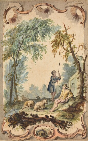 Arcadian scene in Rococo cartouche. 1750-1790 Drawing, pen and brown ink, watercolour, 33 x 21...
