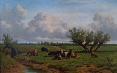 Arie Ketting de Koningh (1815-1867) - Rustende koeien en schaap in de wei