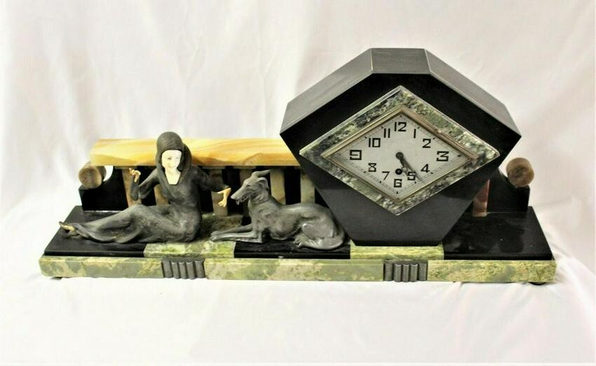 Art Deco Clock ,Original , Girl with a dog , Spelter