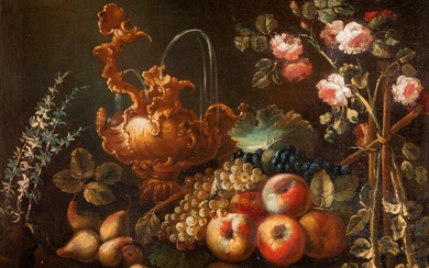Attribué à Giovan Battista RUOPPOLO (1629 1693), Rosier, fruits et carafe, toile, 65 x 80...