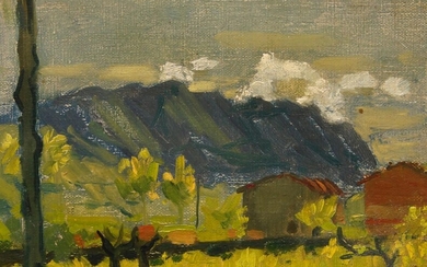 Attributed to Derek Hill CBE HRHA, British 1916-2000- Coastal landscape with a cottage and distant hills and clouds; oil on canvas, bears inscription on the stretcher, 15 x 20.5 cm (ARR)