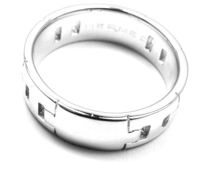 Authentic! Hermes 18k White Gold H Band Ring Size 58 US