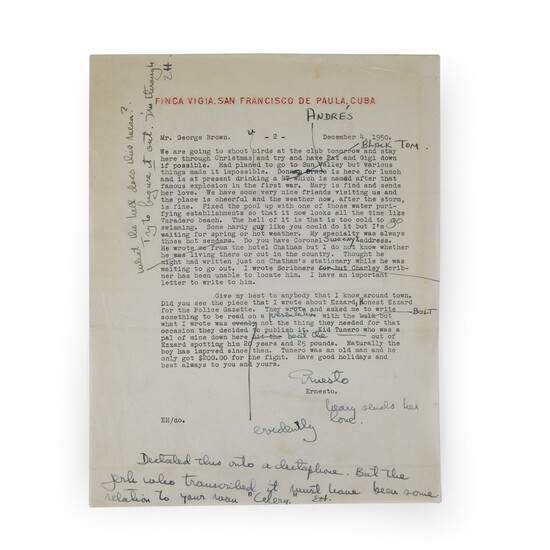 [Autographs & Manuscripts] Hemingway, Ernest Typed Letter, signed