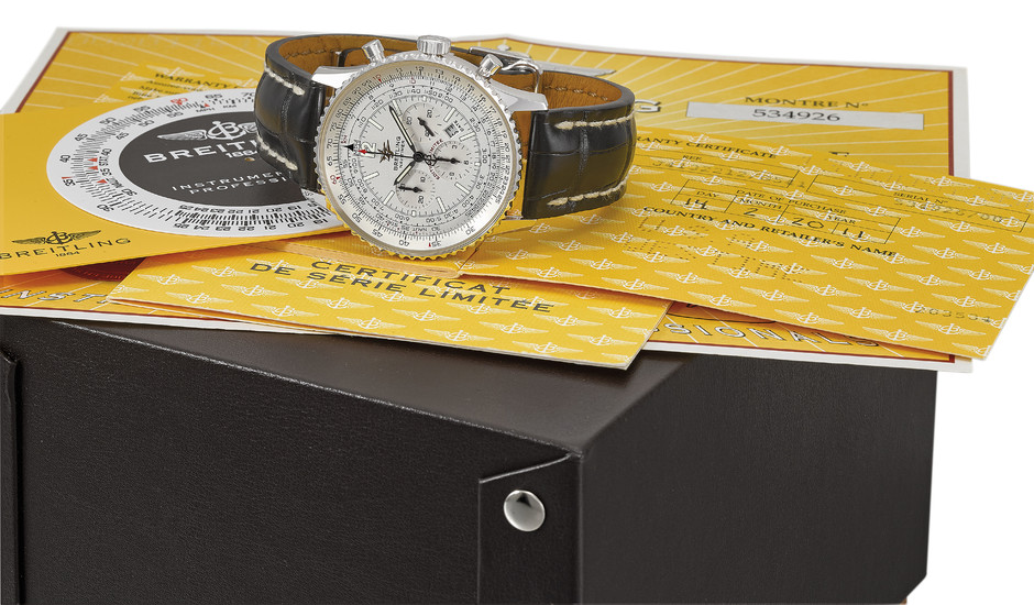 BREITLING. A FINE 18K WHITE GOLD AUTOMATIC LIMITED EDITION CHRONOGRAPH WRISTWATCH WITH DATE AND LACQUERED SILVER DIAL, MADE TO COMMEMORATE THE 50TH ANNIVERSARY OF THE NAVITIMER, SIGNED BREITLING, NAVITIMER, LIMITED EDITION 08/50, REF. J41322, CASE NO....