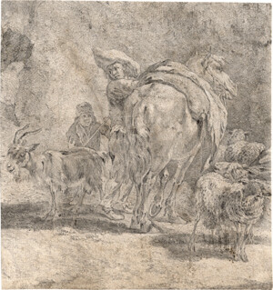 Begeijn, Abraham Cornelisz. – Schafshirte mit Herde sattelt sein Pferd