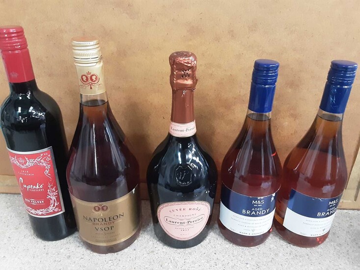 Bottle of Laurent-Perrier Champagne, 1 litre bottle of Napoleon VSOP Brandy, two other bottles of brandy and a bottle of red wine (5)