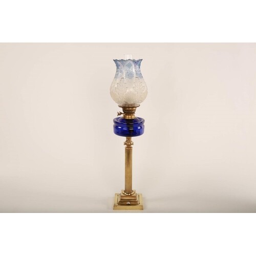 Brass oil lamp Matt clear and blue etched glass floer shaped...