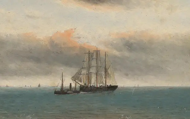British School, 19th century- A ship at sea; oil on board, 17.4...