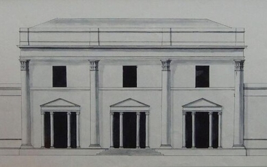 British School, 20th century- Architectural illustration of a Neoclassical façade; pen, black ink, and wash on paper, 24.5 x 72 cm: together with three further architectural illustrations, one of another façade, and two of doorway architraves, 30.5...