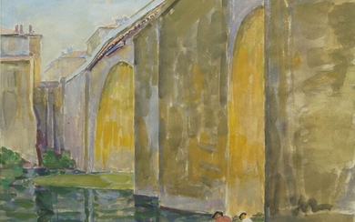 British School, late 20th Century- A town bridge, with two figures seated by the riverside; watercolour, 25 x 33 cm