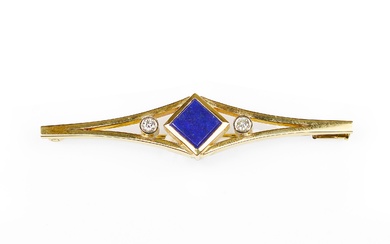 Broche Or jaune 18kt marqué 2 diamants et lapis-lazuli Longueur 6 cm Poids 8.6 g