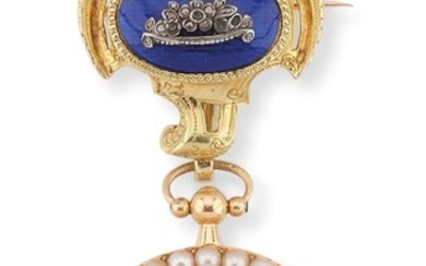 Broche porte-montre en or jaune émaillé bleu souligné d’un bouquet de fleur en argent serti...