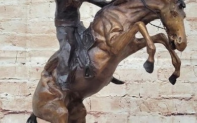 Bronco Buster Inspired by Frederic Remington Bronze Cowboy On Marble Base - 17" x 18"
