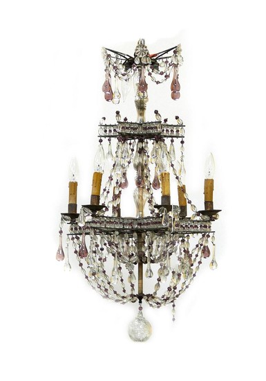 Bronze, crystal and color glass chandelier