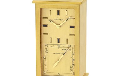 CARTIER, BRASS DESK CLOCK WITH HYGROMETER AND THERMOMETER