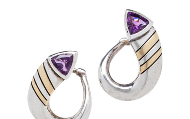 CARTIER, STERLING SILVER, YELLOW GOLD AND AMETHYST EARCLIPS